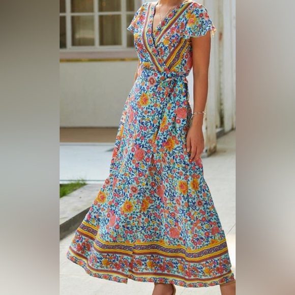 Dresses & Skirts - Blue and Pink Sleeveless Wrap Maxi Dress